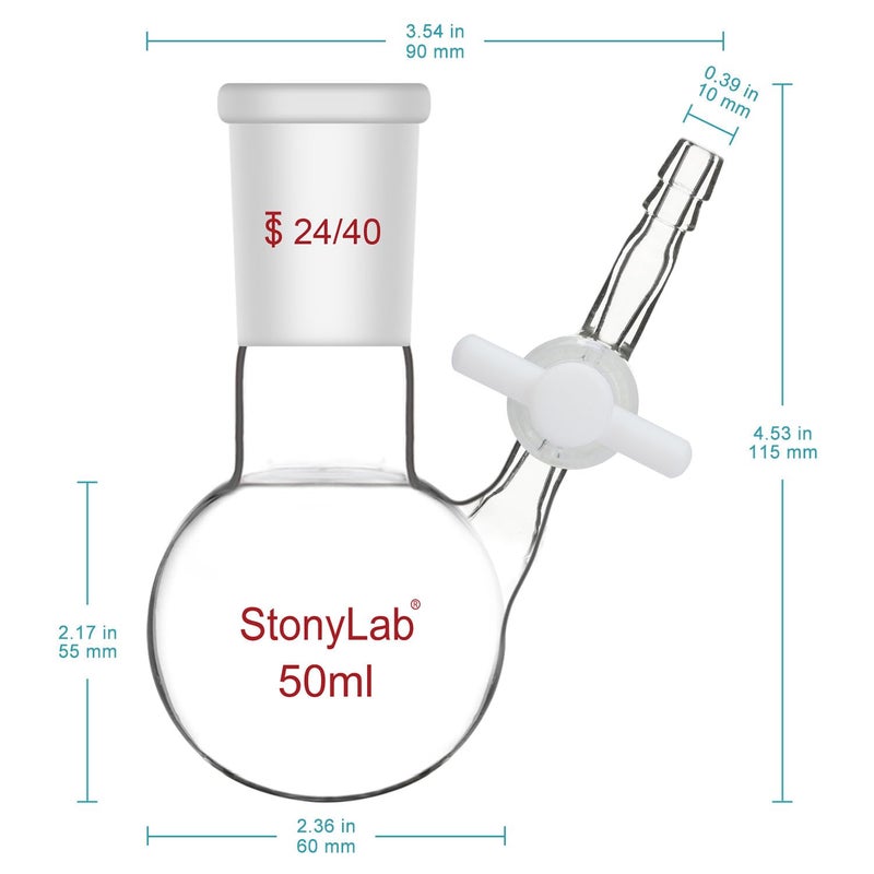 stonylab Reaction Flask - Borosilicate Glass Single-Neck Flask with 24/40 Joint and PTFE Stopcock Valve, Round Bottom, 50 ml - Image 3